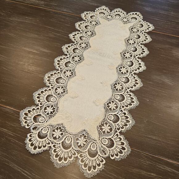 White Lace Cutwork Table Runner 29x13 Embroidered Floral Elegant Dresser Scarf - Picture 1 of 6